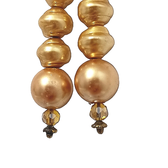 Gold Pearls 1.5" Dangle Earrings Faux REALISTIC Elegant w Svorovswky Crystals - Picture 4 of 10